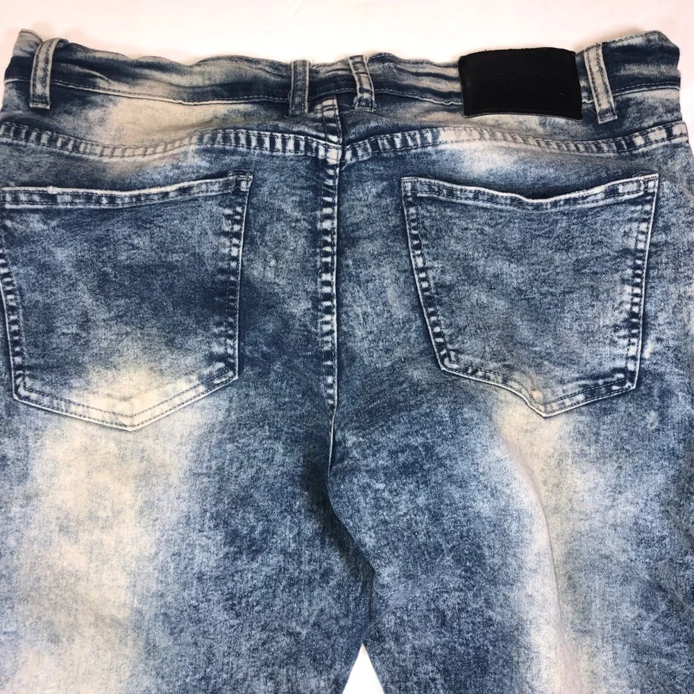 Reason Brand Mens Moto Biker Jeans Acid Wash Blue Distressed Slim Straight 38x30